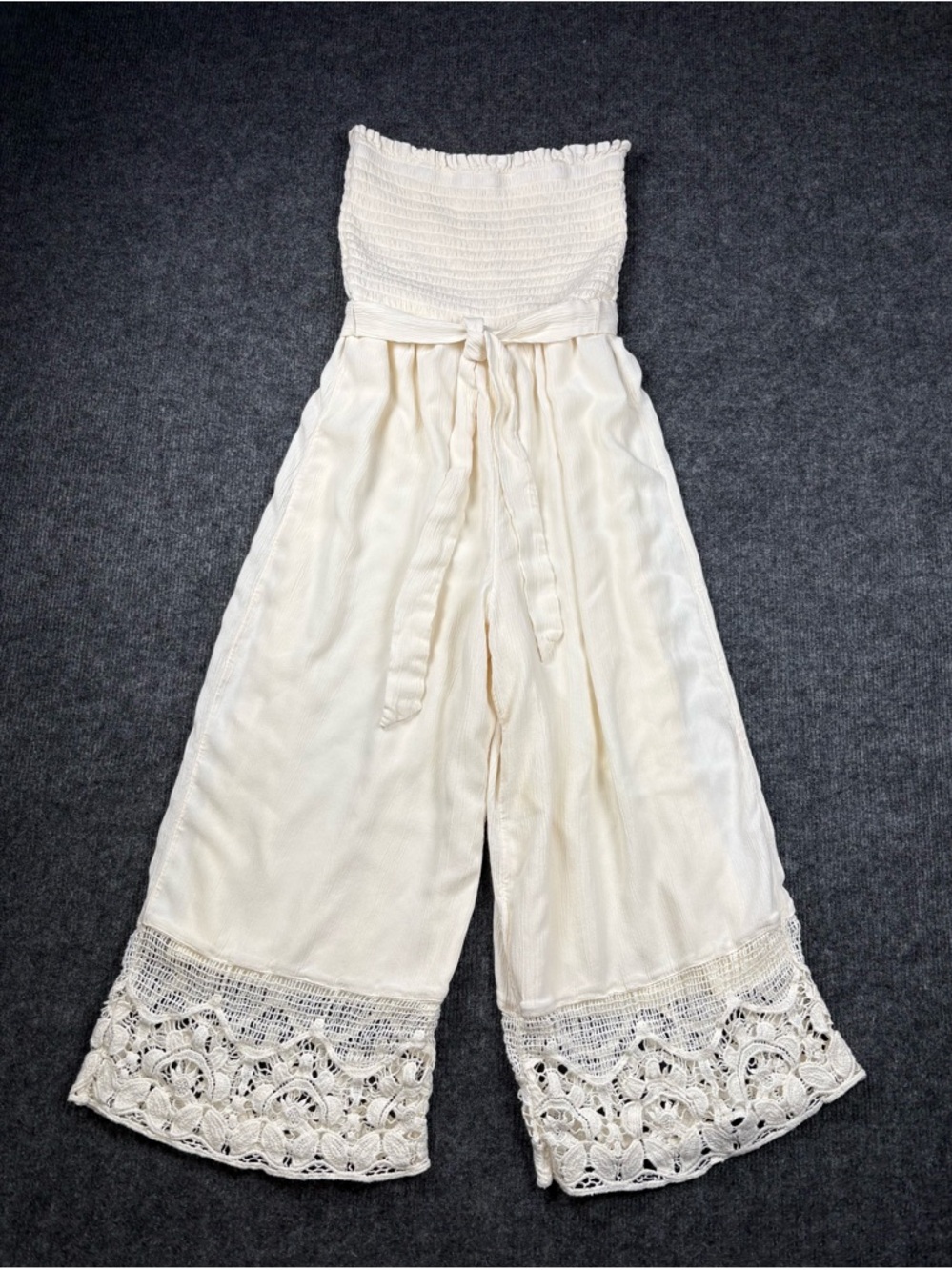 American Eagle Outfitters Cream Strapless Wide-Leg Jumpsuit with Crochet Hem
